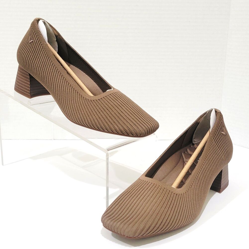 Vivaia Melody Pro Heels Women 36.5 US 6 Square Toe Espresso Brown Knit Tan Pumps